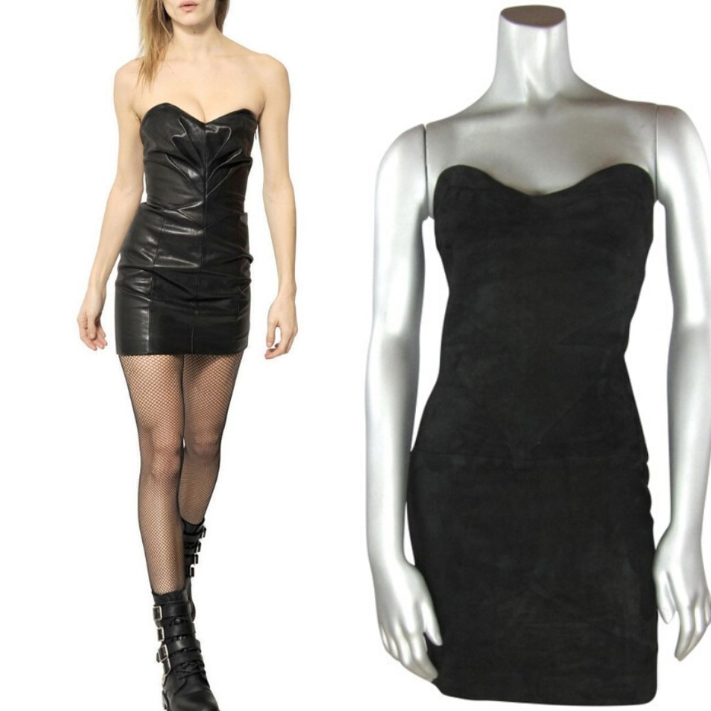 Black Suede Leather Bustier Mini Dress Strapless
